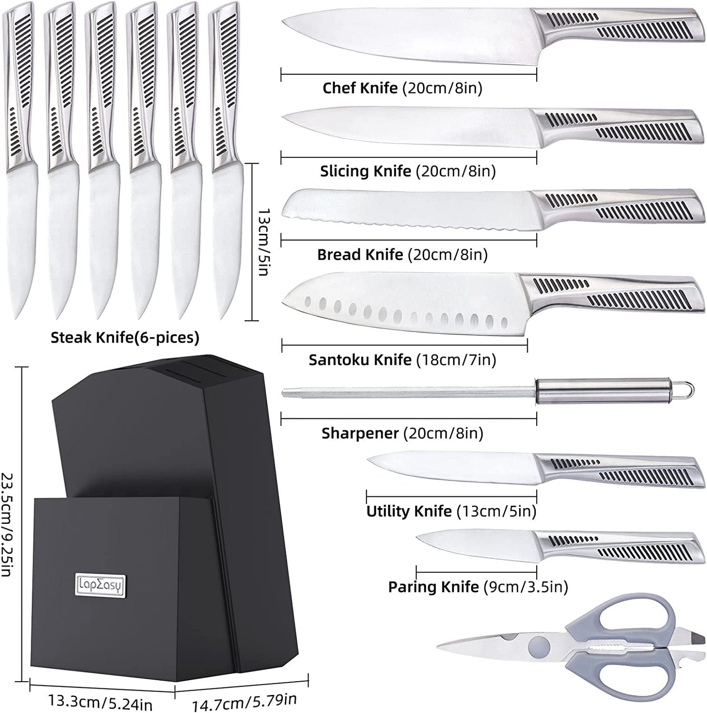 Kitchen Knife Set. LapEasy 15 Pcs W/ Block, Stainless Steel Hollow Handle Cutlery W /Manual Sharpener