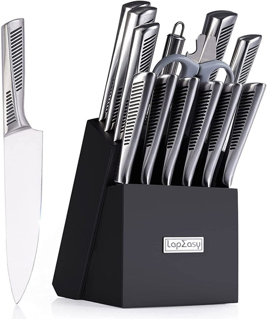 Kitchen Knife Set. LapEasy 15 Pcs  W/ Block, Stainless Steel Hollow Handle Cutlery W /Manual Sharpener