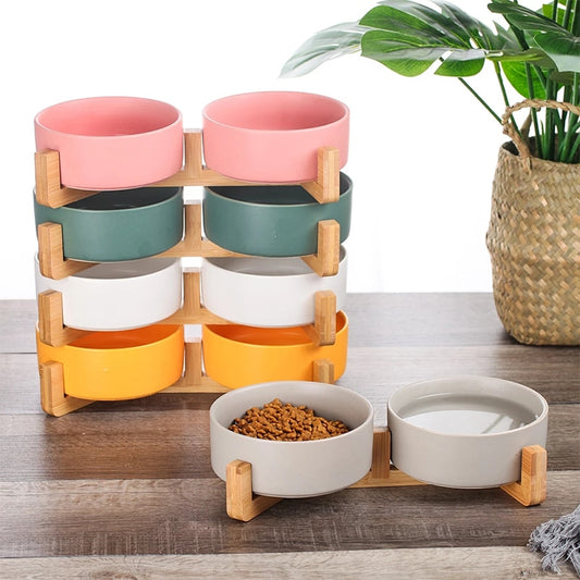 Ceramic Pet Bowl  With Wood Stand