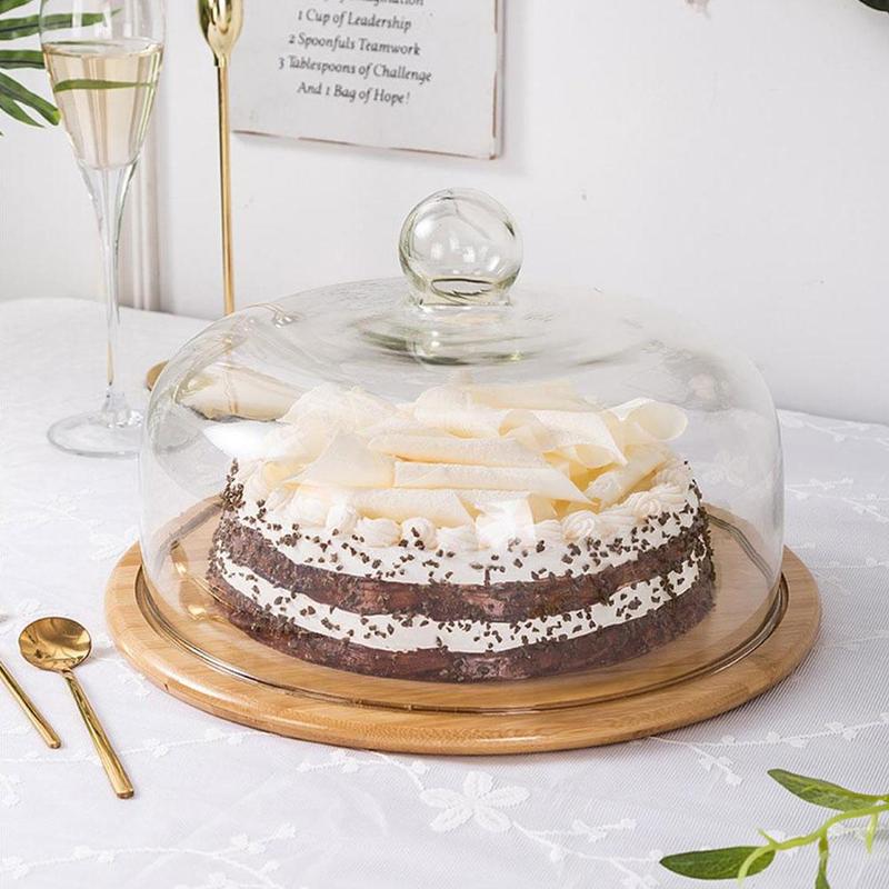 Lead-Free Food Grade Transparent Dustproof Cake Glass with bamboo tray