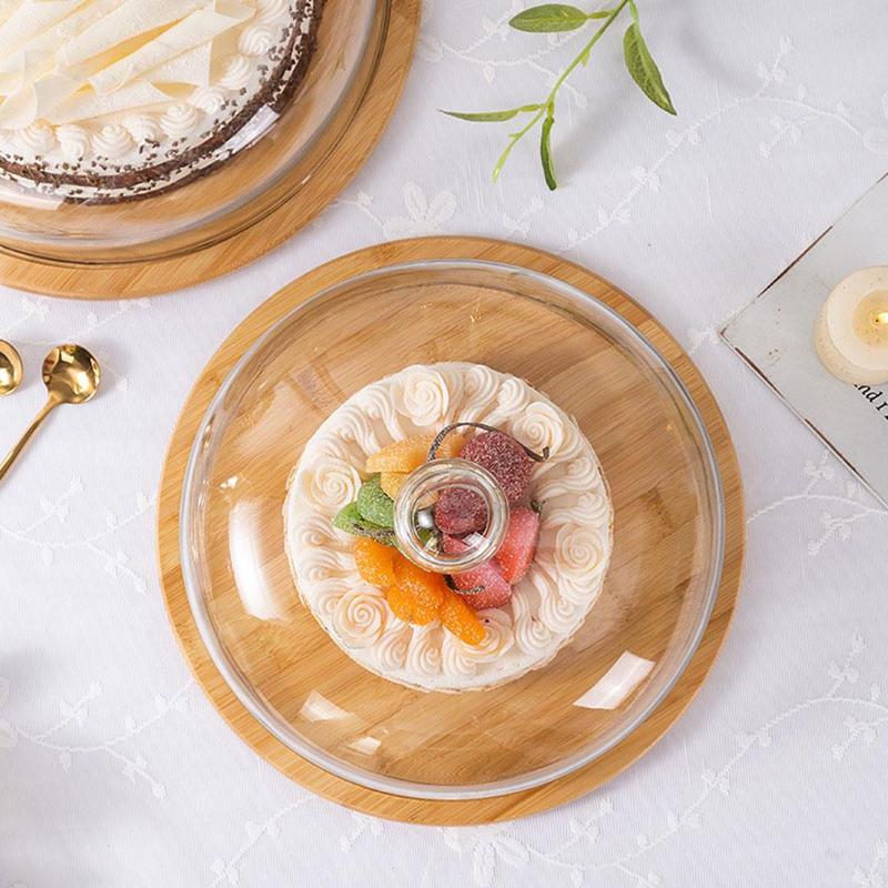 Lead-Free Food Grade Transparent Dustproof Cake Glass with bamboo tray