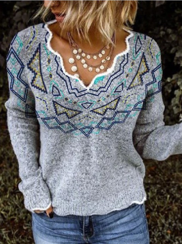 Ladies Geometric Print Long Sleeve Sweater