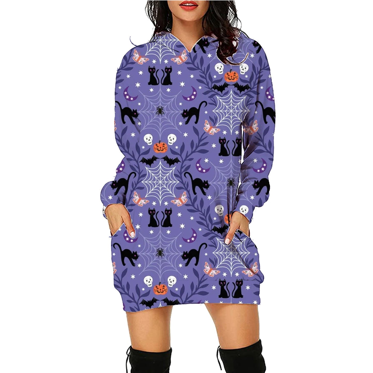 Halloween Print Long Hoodie With Pockets