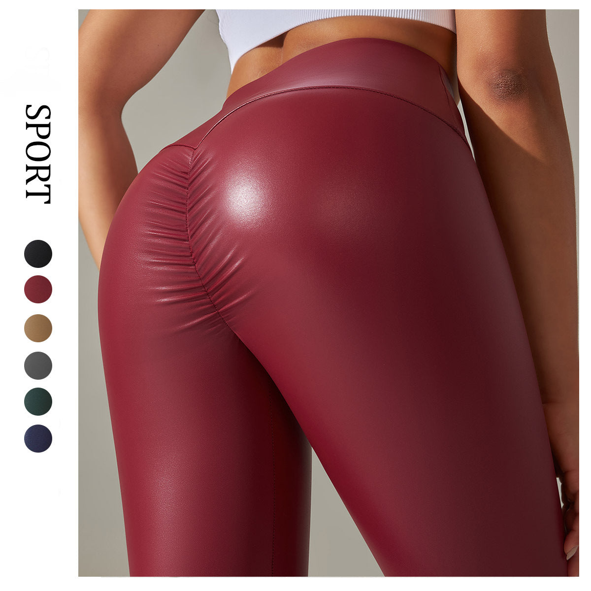 Leather Look  Fitness Pants  with High Waist Tight Crimp Butt-lift Underwear