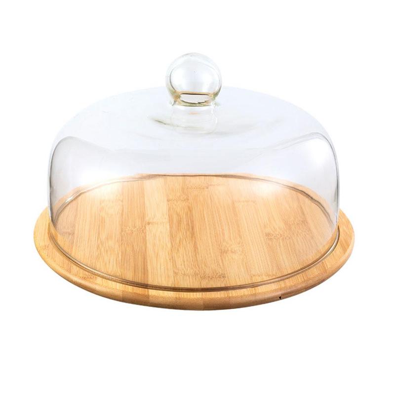 Lead-Free Food Grade Transparent Dustproof Cake Glass  with bamboo tray