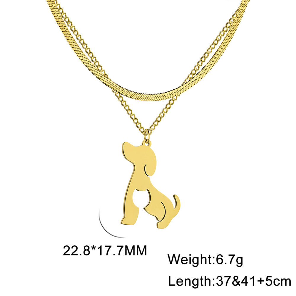 Unift Double Layer Stainless Steel Necklace For Woman Snake Chain Animal Bear Fox Dolphin Dog Pendant Fashion Jewelry Accessory