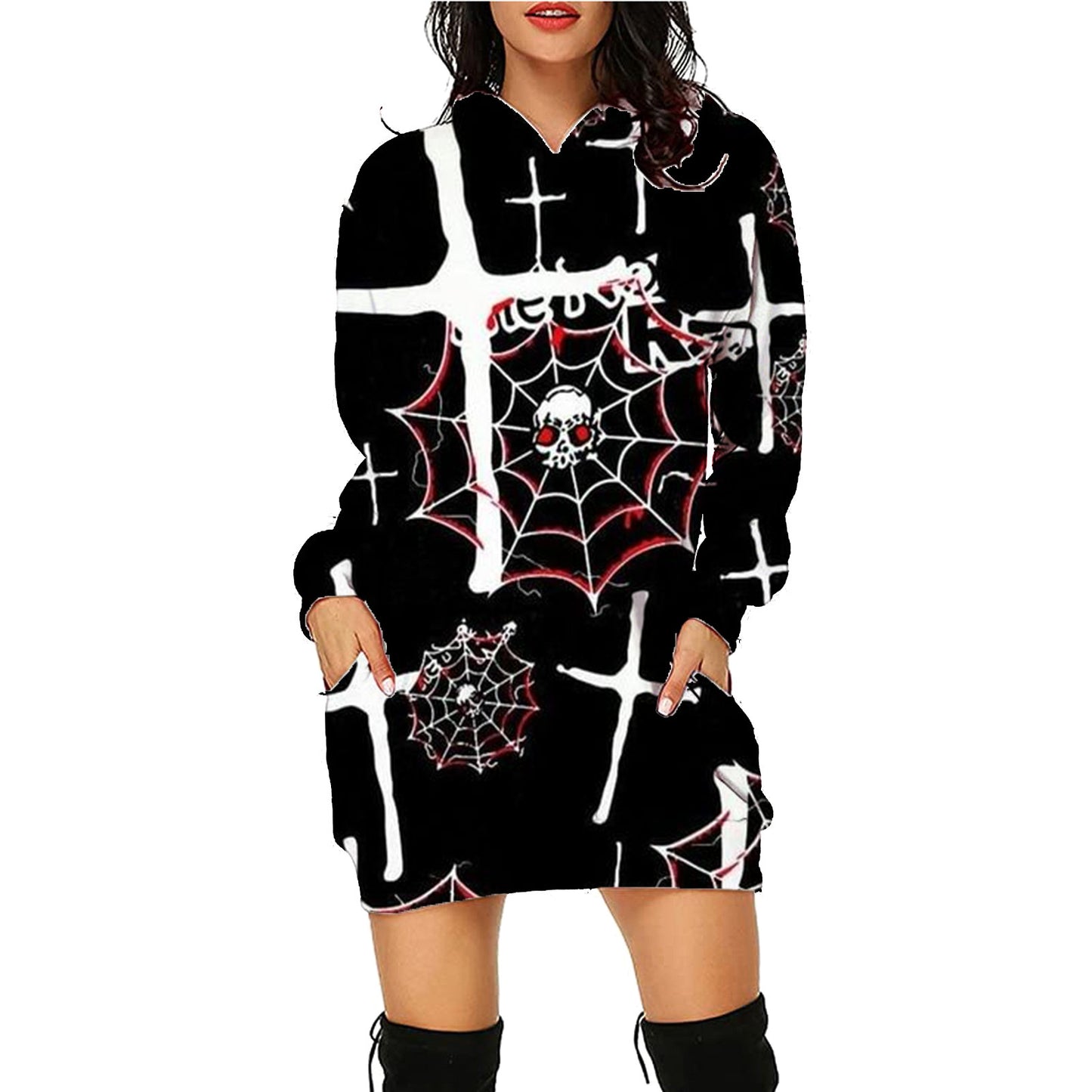 Halloween Print Long Hoodie With Pockets