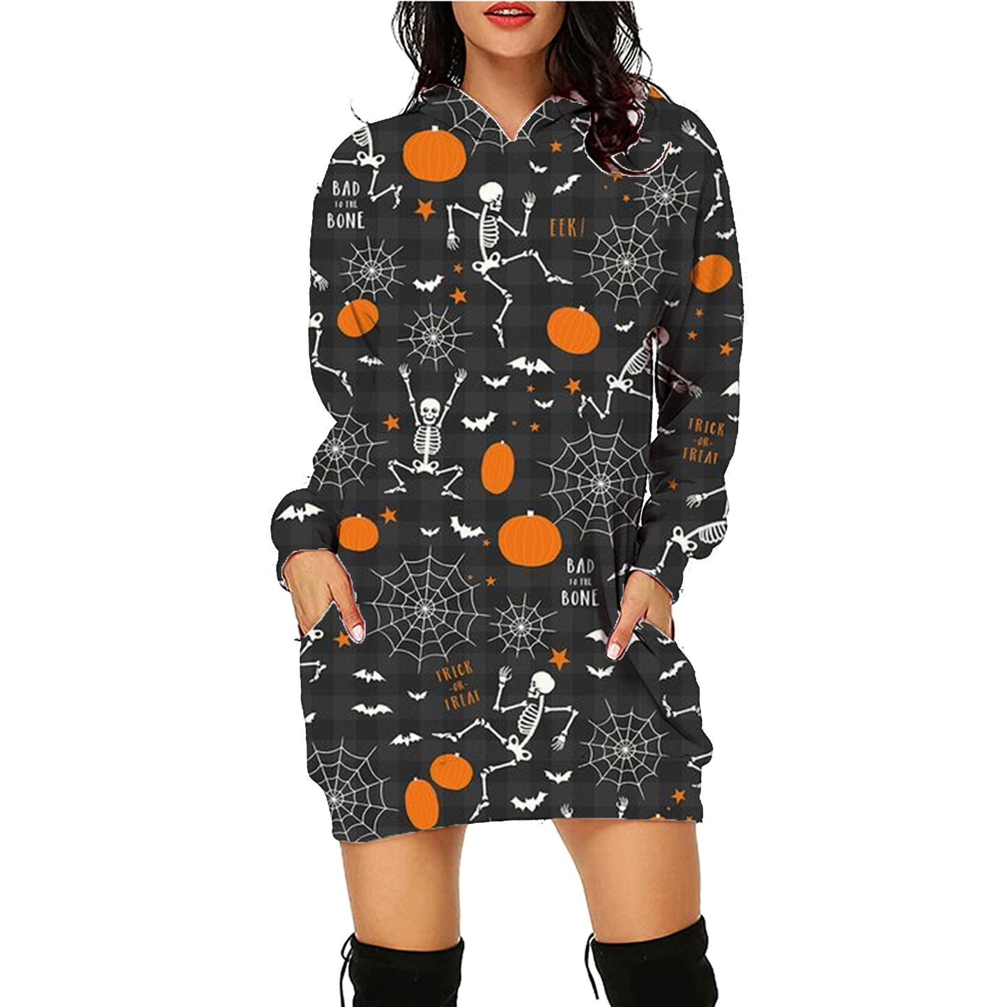 Halloween Print Long Hoodie With Pockets