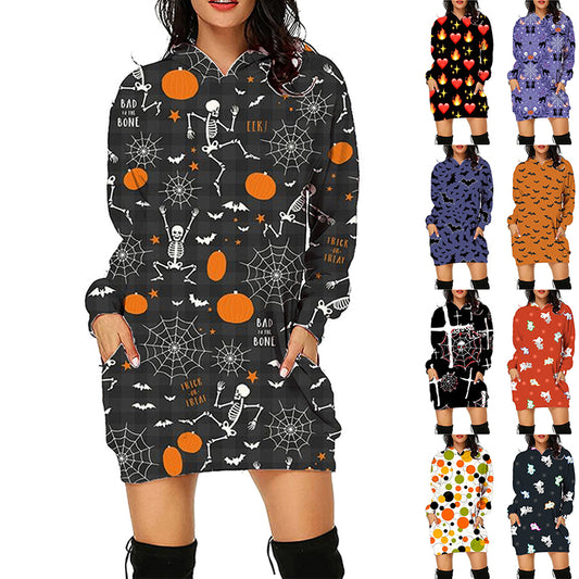 Halloween Print Long Hoodie With Pockets