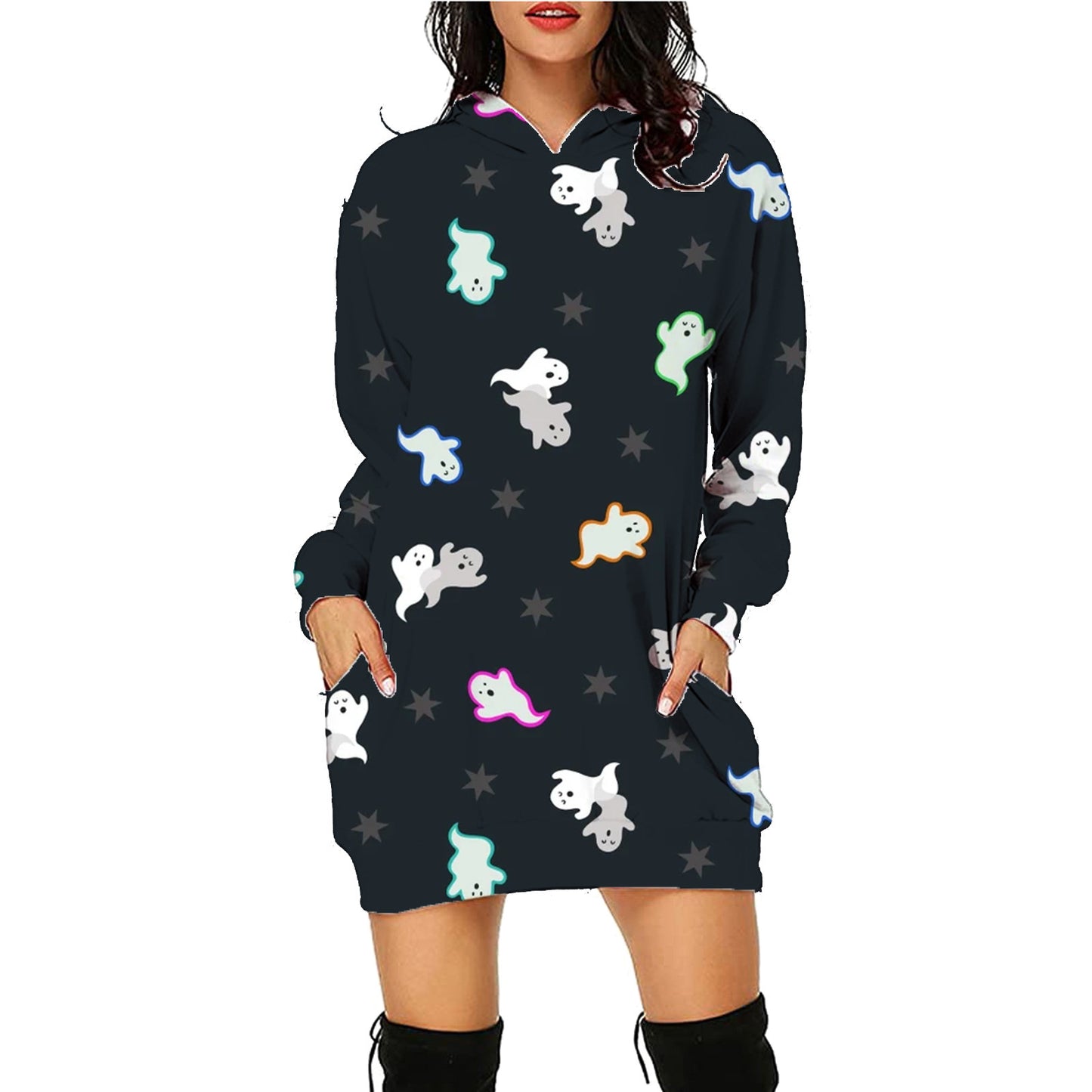 Halloween Print Long Hoodie With Pockets