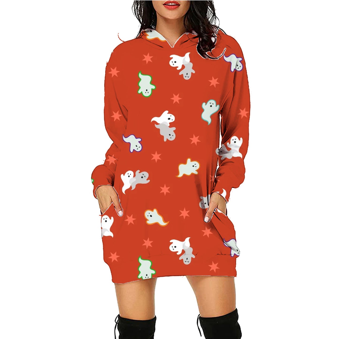 Halloween Print Long Hoodie With Pockets