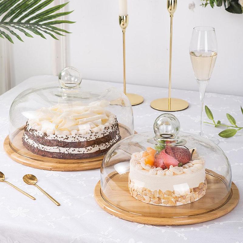 Lead-Free Food Grade Transparent Dustproof Cake Glass  with bamboo tray